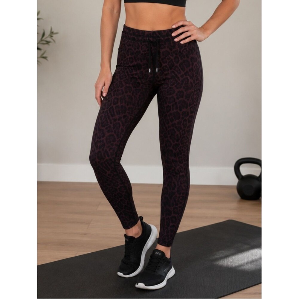 Lorna Jane Brown Leopard Print Stretch Leggings with Drawstring Waist Size Small